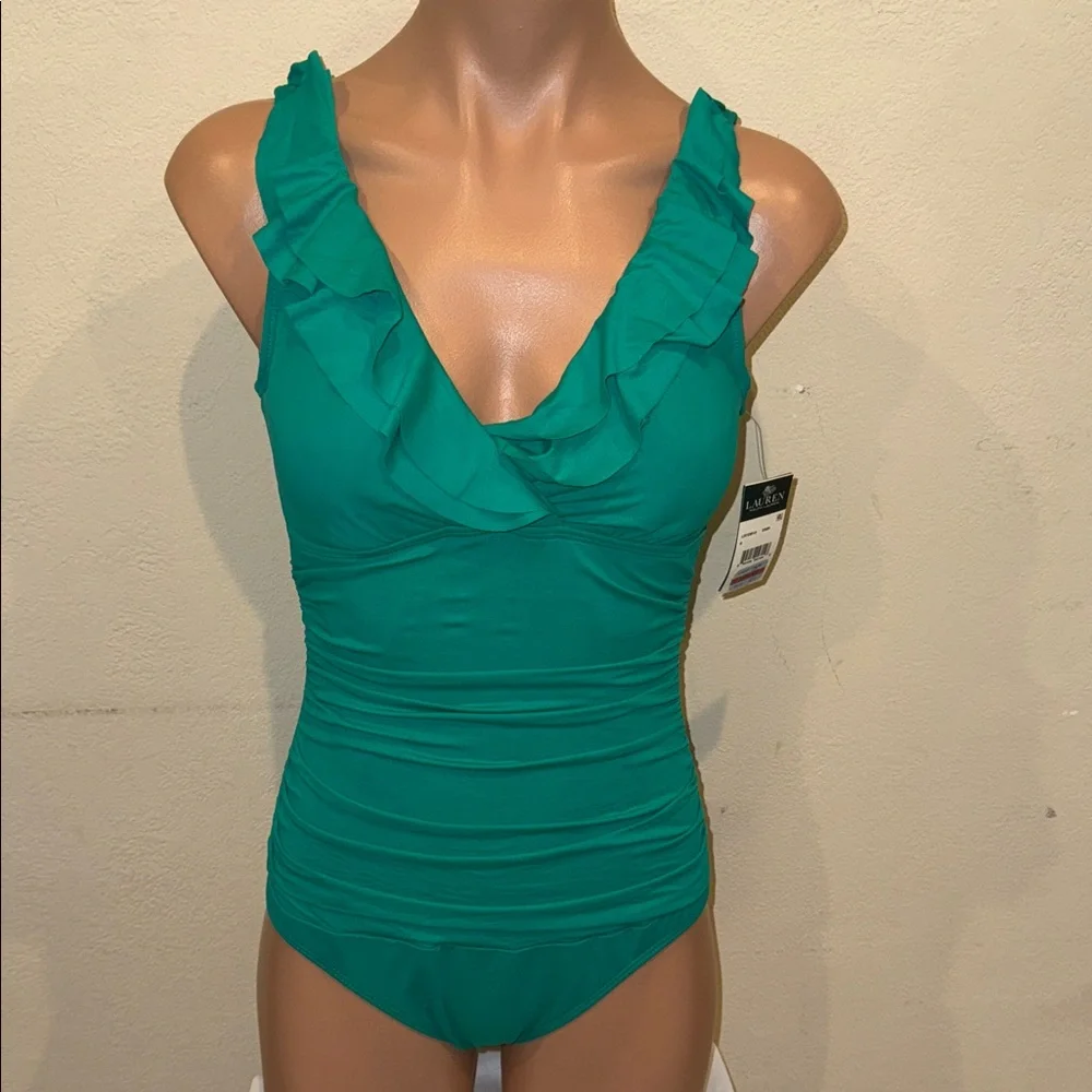 NWT Ralph Lauren one piece swimsuit ruffle underwire size 4 Emerald